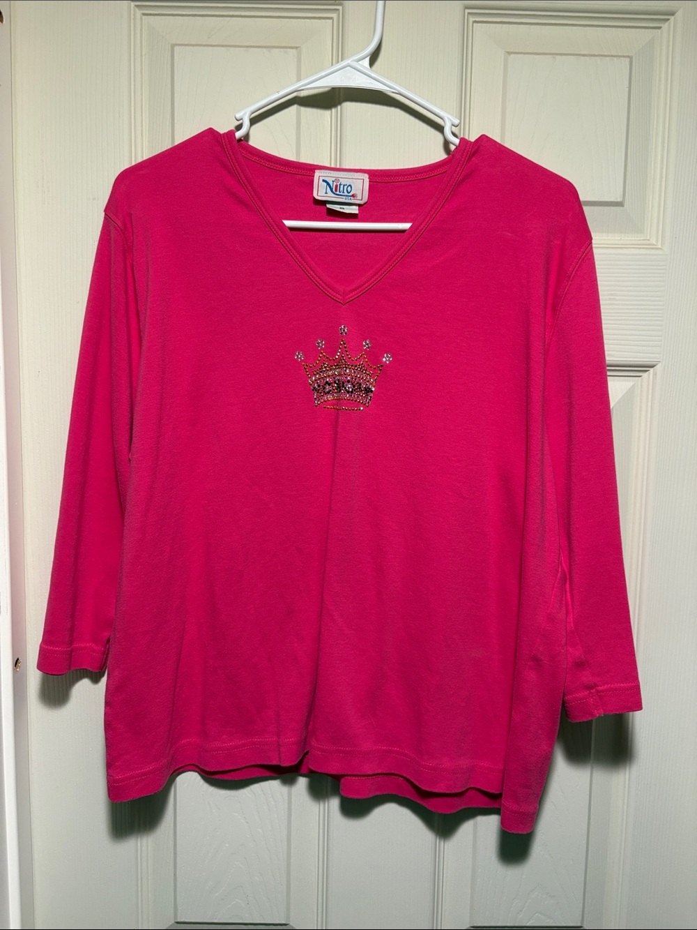 Women's Hot Pink V-Neck Top with Crown Accent